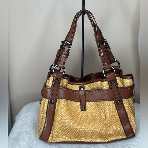 Francesco Biasia Beige Straw Brown Faux Leather Purse Shoulder Bag Satchel Tote - Picture 2 of 14